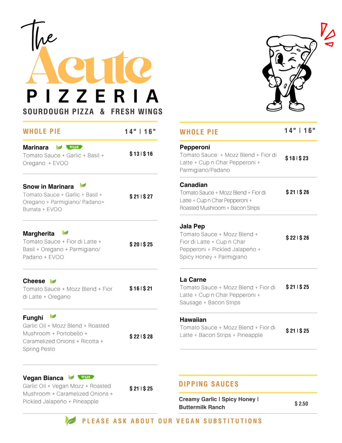 Acute pizzeria menu