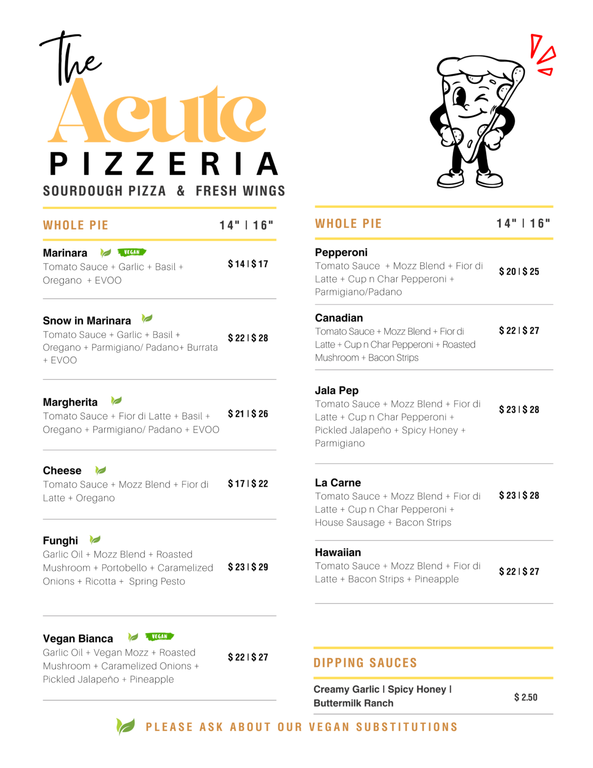 Acute pizzeria menu